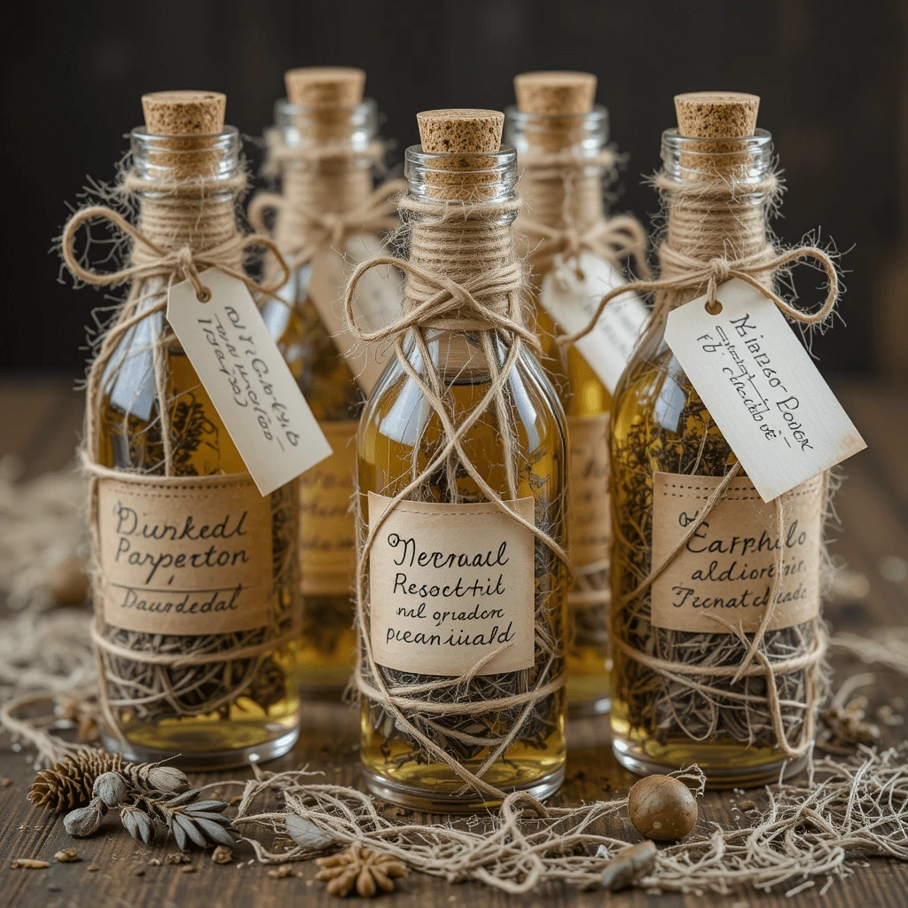 A collection of vintage-style glass bottles filled with golden herbal cordial, tied with rustic twine and handwritten labels.