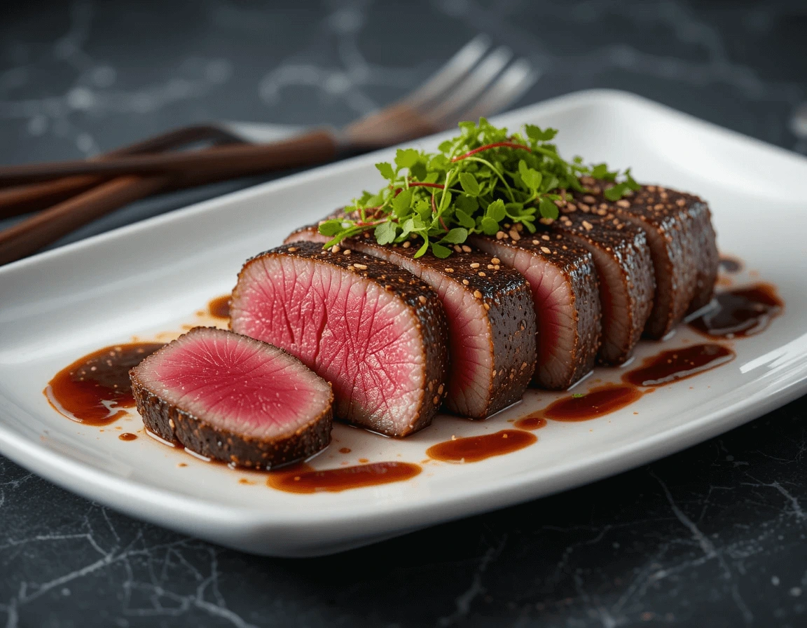 A beautifully plated seared Ahi tuna steak with a golden crust, sliced to reveal a tender pink center, garnished with fresh microgreens and sesame seeds.