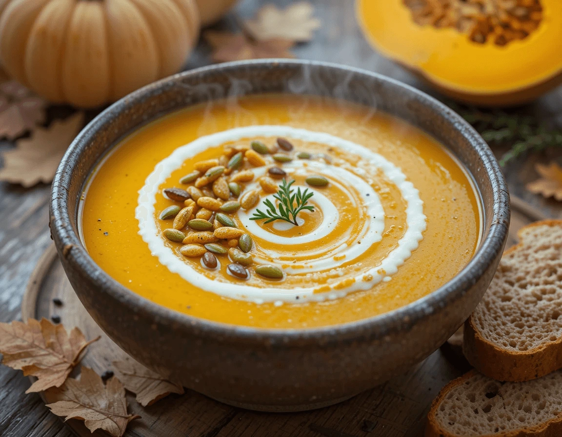 A steaming bowl of creamy butternut squash soup garnished with toasted pumpkin seeds and a swirl of cream.