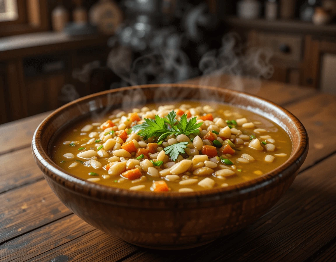 A steaming bowl of porcupine soup garnished with fresh parsley, served in a rustic wooden bowl on a cozy kitchen table.