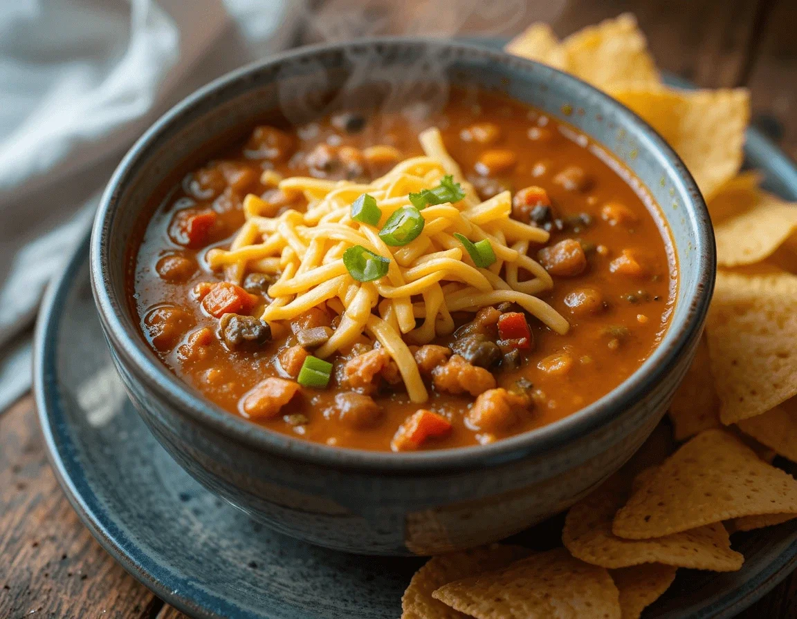 A close-up of a steaming bowl of taco soup, showcasing tender beef, beans, and tomatoes.