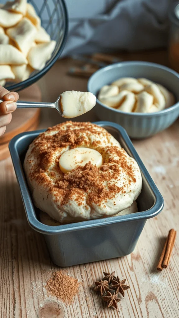 Dough pieces being coated with cinnamon sugar and arranged in a loaf pan, with melted butter being brushed over the dough.