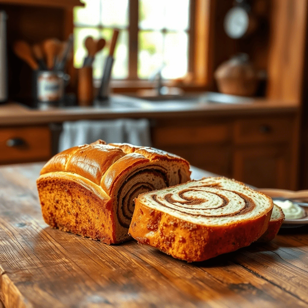 A freshly baked golden-brown loaf of cinnamon bread with pull-apart layers and visible cinnamon sugar swirls, placed on a rustic wooden table. Slices of bread rest on a plate beside the loaf, set against a cozy kitchen background.