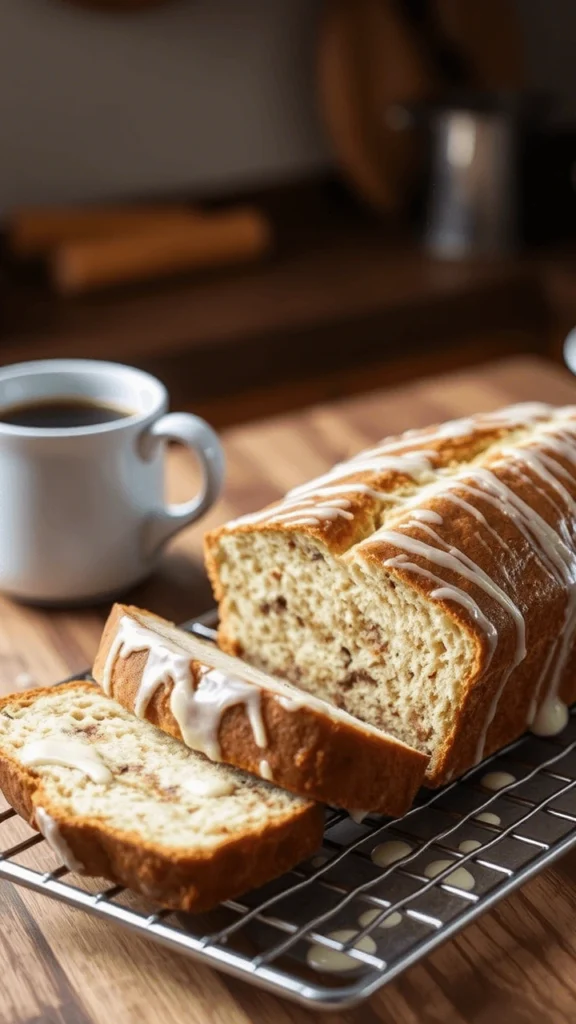 Cinnamon bread loaf baking in the oven, turning golden-brown with a warm glow.
