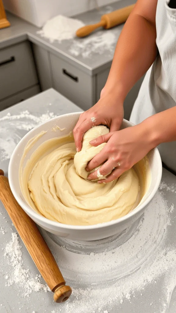 A baker kneading sticky cinnamon bread dough in a large bowl, with flour scattered on the countertop.