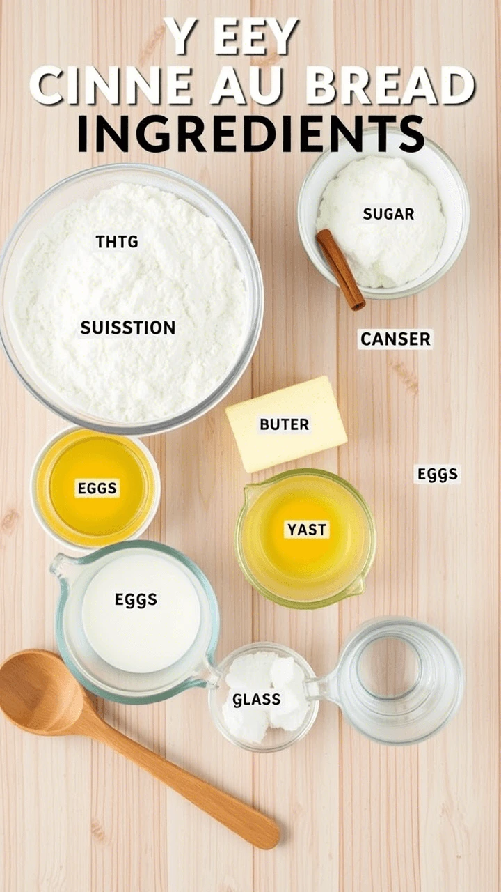 A collection of ingredients for cinnamon bread, including flour, sugar, cinnamon, butter, eggs, yeast, and warm water, arranged on a wooden countertop.