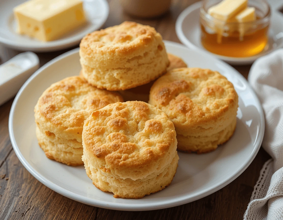 A plate of freshly baked biscuits with a golden-brown crust, served on a white plate. In the background, there are small dishes containing butter and honey.