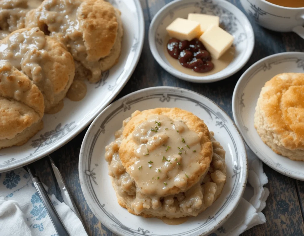 A close-up view of a Southern breakfast featuring fluffy homemade biscuits topped with rich, creamy gravy, served alongside a smaller plate with butter cubes and a dollop of jam.