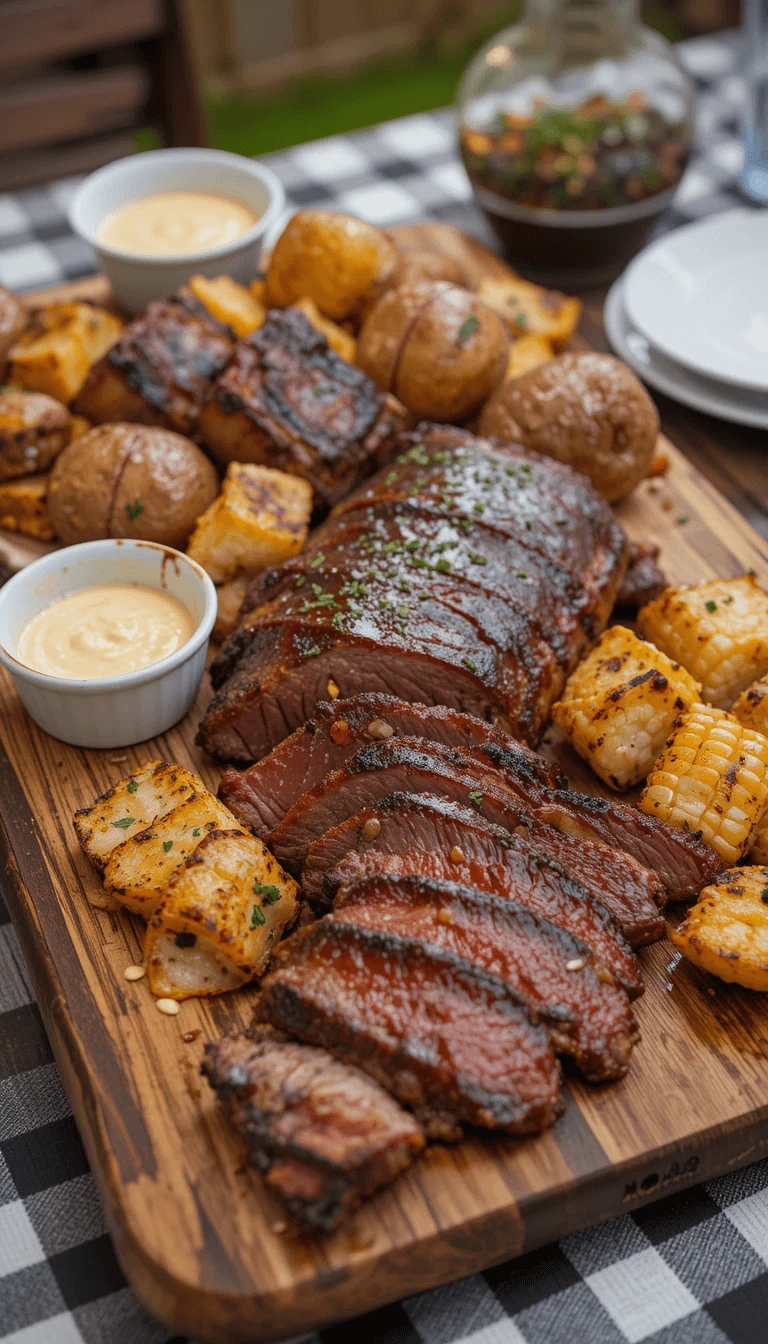 A wooden platter filled with grilled foods, including sliced beef garnished with herbs, grilled potatoes, corn on the cob, cubes of grilled cheese, and small bowls of dipping sauce. The background features a checkered tablecloth, a glass salad container, and plates.
