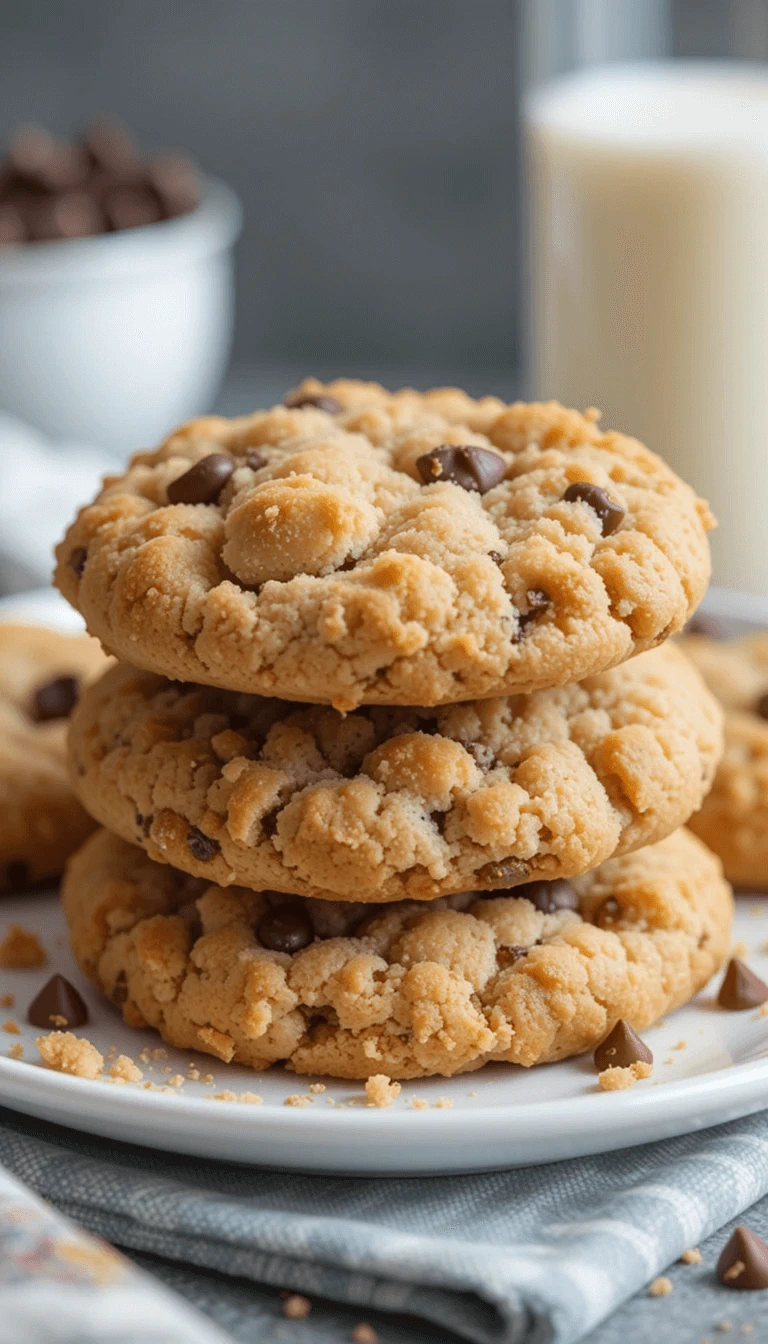 Thick Crumbl-style chocolate chip cookies stacked on a rustic tray with melted chocolate chips.