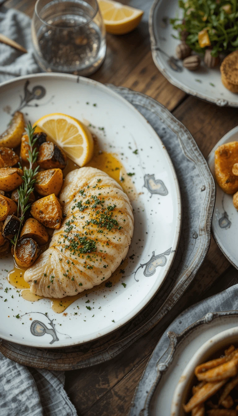 Beautifully plated restaurant-style fish dish with vegetables and garnish