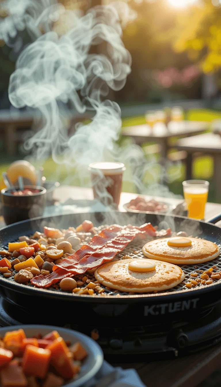 A cheerful family cooking together on a Blackstone griddle outdoors, surrounded by sizzling pancakes and colorful vegetables.