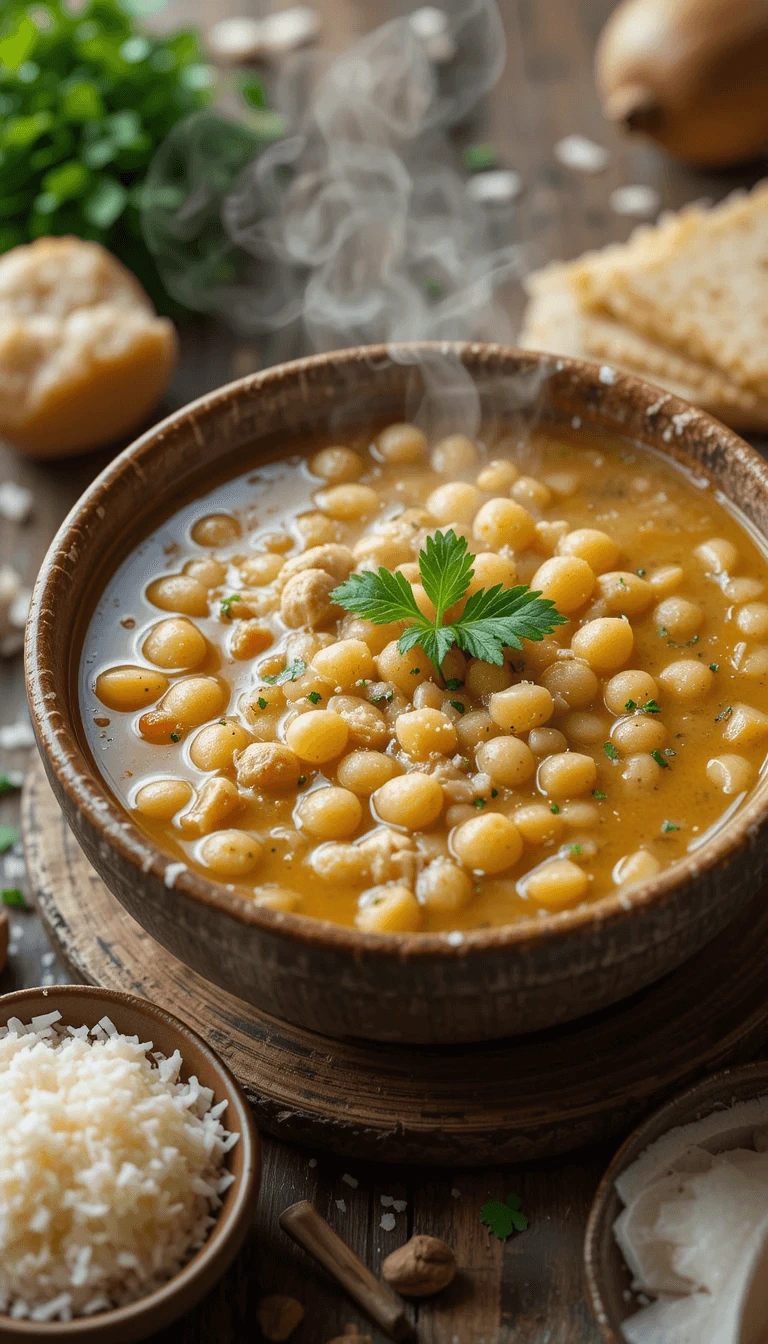 A bowl of Italian Pastina Soup surrounded by fresh ingredients like chicken broth, small pasta, and Parmesan cheese, evoking comfort and warmth.