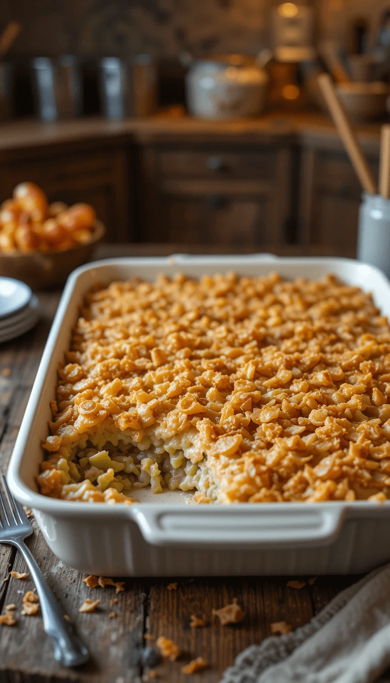 Classic Campbell’s green bean casserole topped with crispy onions in a white dish.