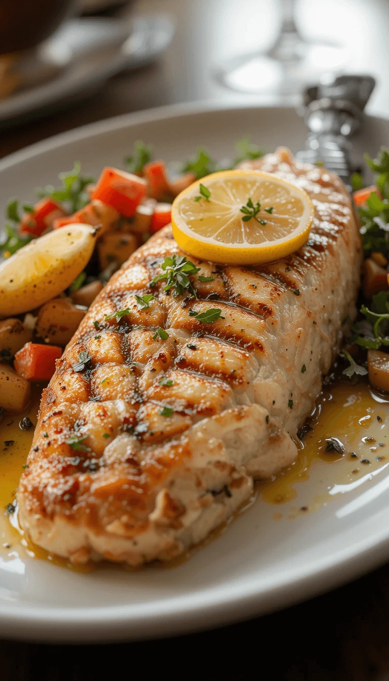 "Grilled swordfish steak with lemon and herbs, served with sautéed vegetables and a fresh Mediterranean salad."