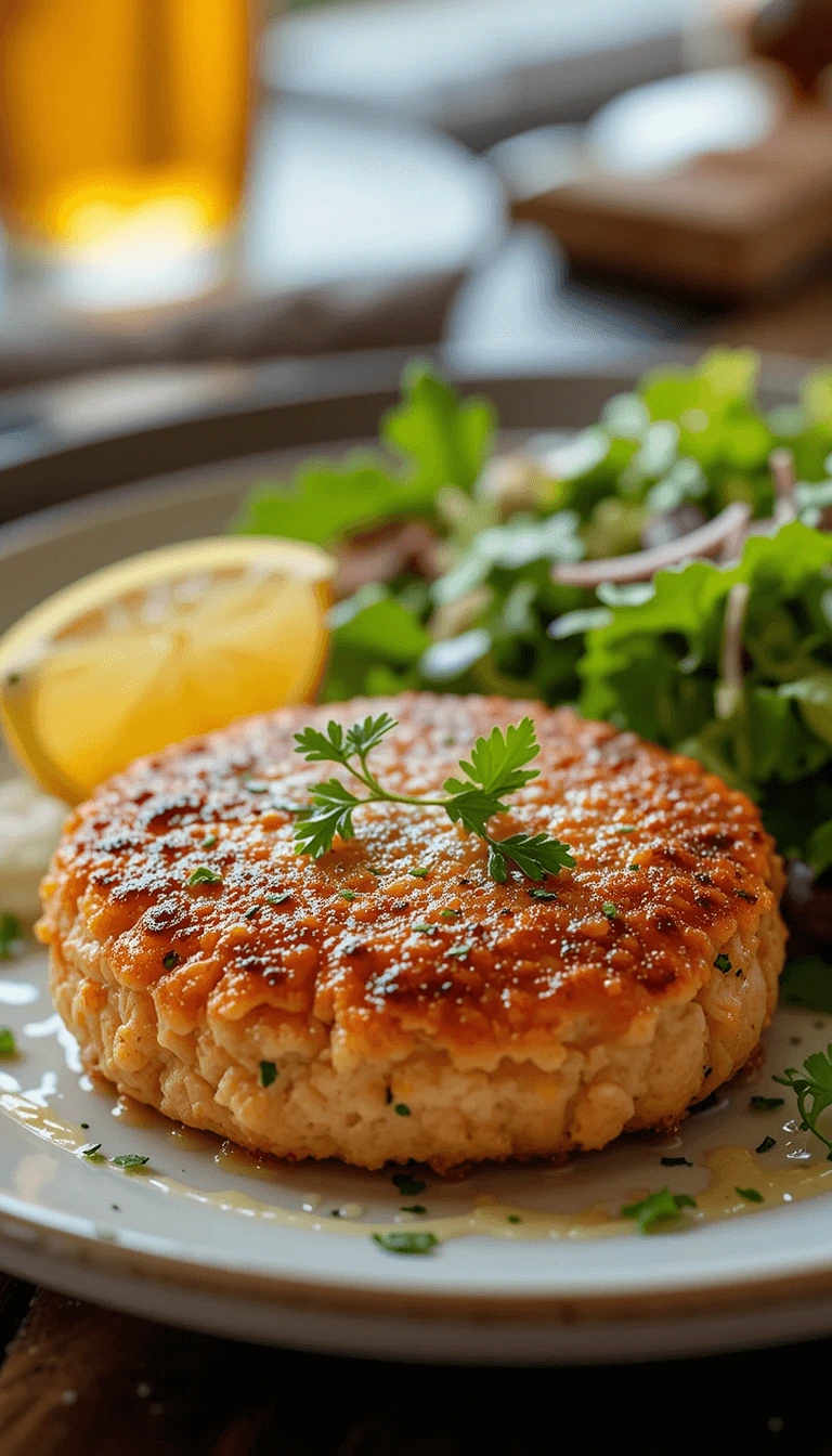 Golden-brown salmon cakes served with a fresh mixed green salad, creamy avocado aioli, and a wedge of lemon on the side.