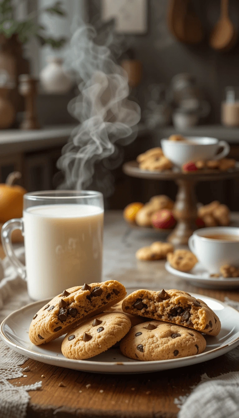 Freshly baked soft and golden Nestlé chocolate chip cookies cooling on a wire rack, with a glass of milk.