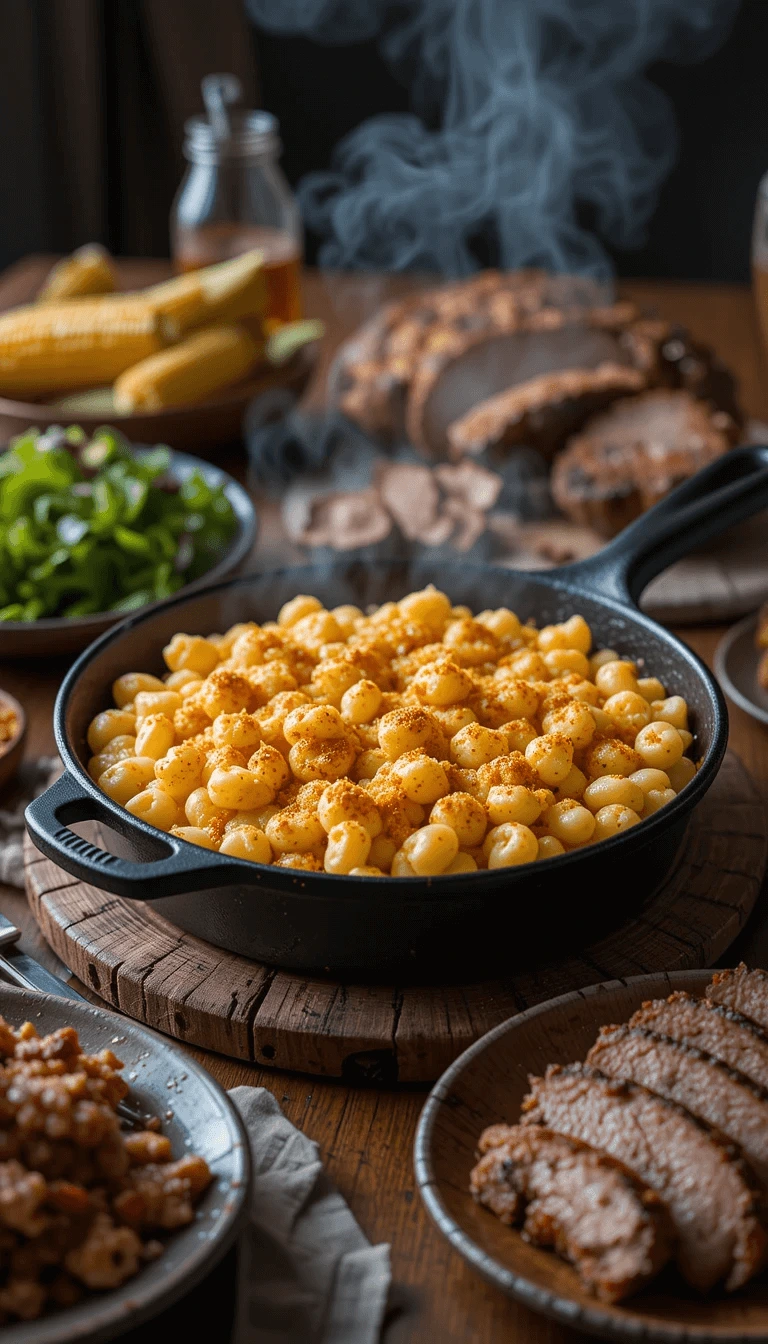 Smoked mac and cheese served in a cast-iron skillet surrounded by BBQ sides, with steam rising from the dish.
