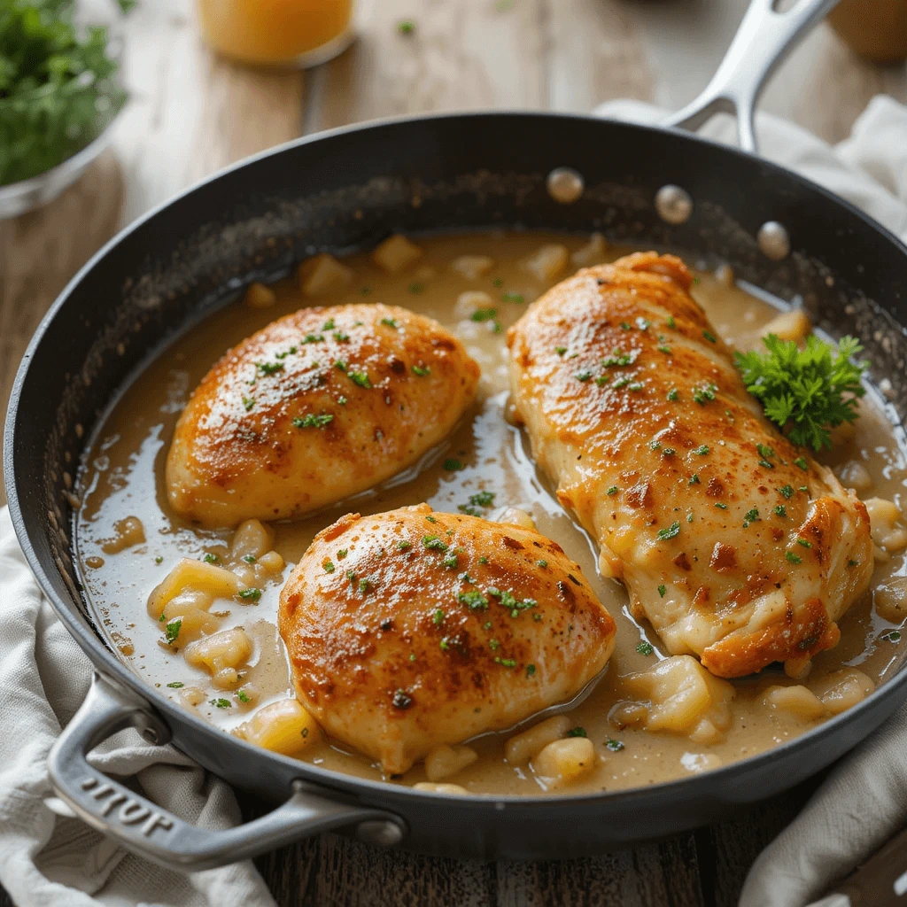 Skillet filled with Quick & Easy Chicken and Gravy garnished with parsley, served with mashed potatoes.