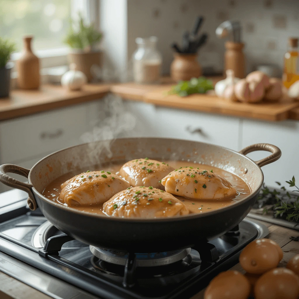 A skillet of seared chicken cooking in creamy gravy, with fresh ingredients on the countertop.