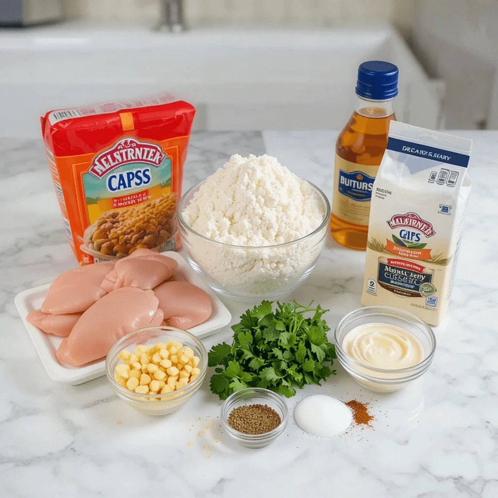 Ingredients for Quick & Easy Chicken and Gravy laid out on a countertop, including chicken, garlic, and herbs.