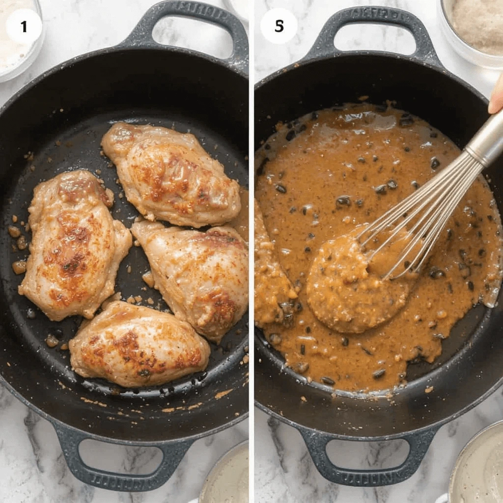 Step-by-step process of searing chicken and making gravy in a skillet.