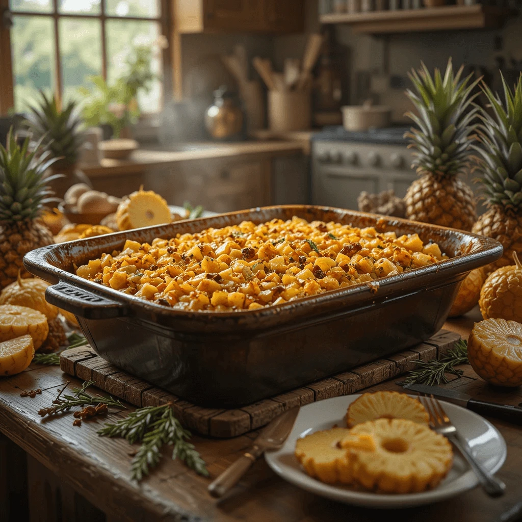 Golden-brown pineapple stuffing in a rustic baking dish on a wooden table with fresh pineapples.