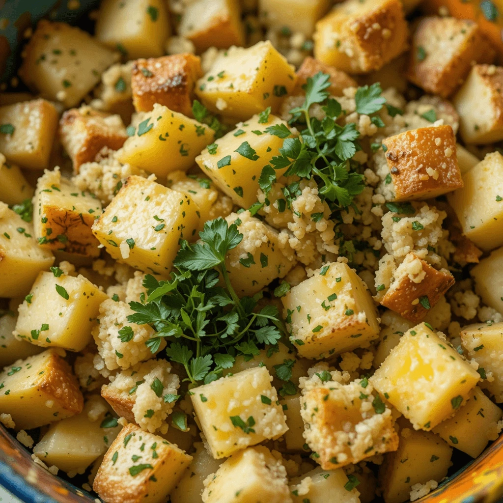 Fresh pineapple, herbs, and bread cubes in a bowl for pineapple stuffing preparation.