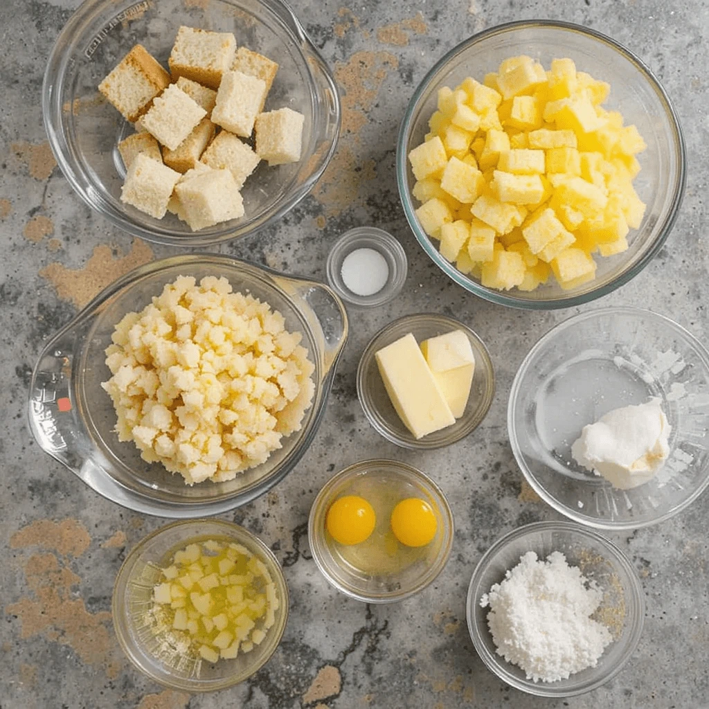 Measured ingredients for pineapple stuffing arranged on a kitchen counter.
