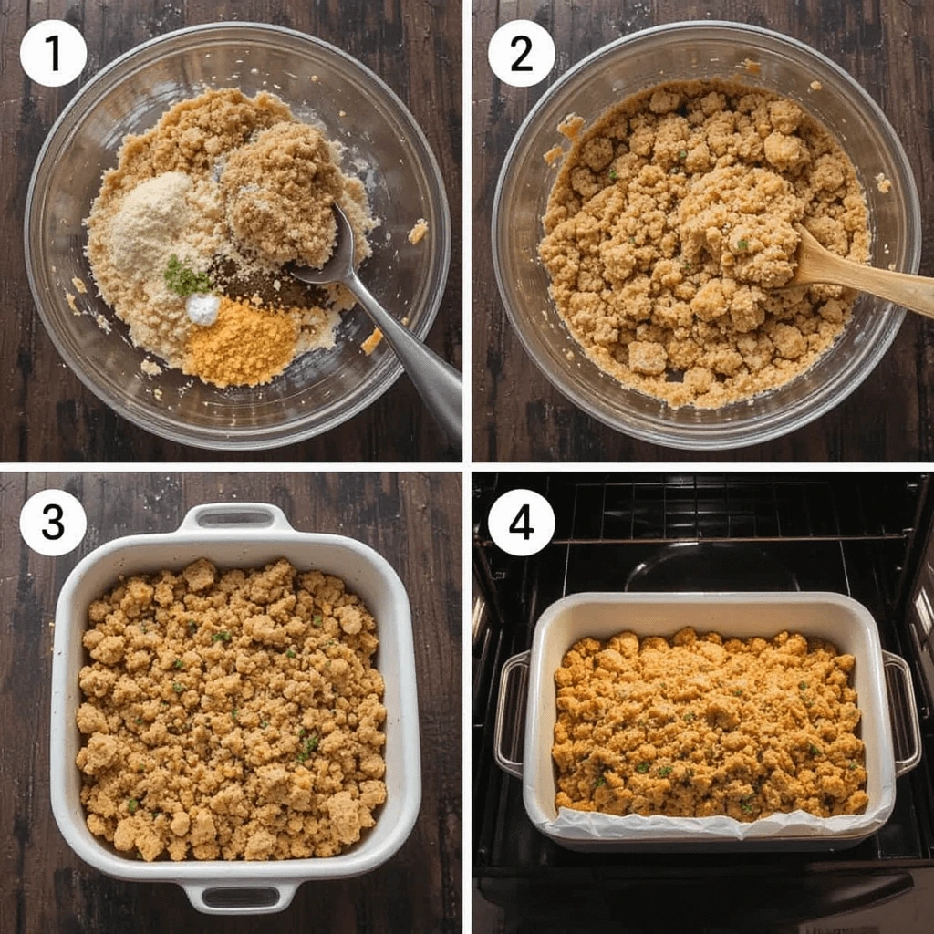 Collage of pineapple stuffing preparation steps including mixing and baking.