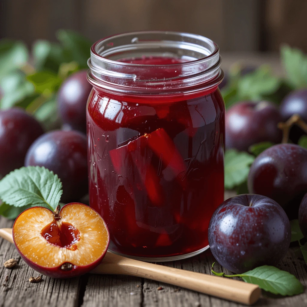 Jar of homemade plum jelly without pectin with fresh plums and wooden spoon