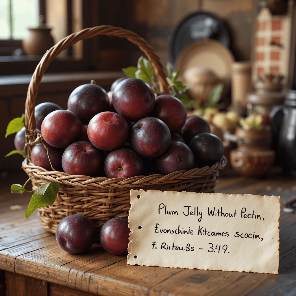 Fresh plums in basket with handwritten recipe card