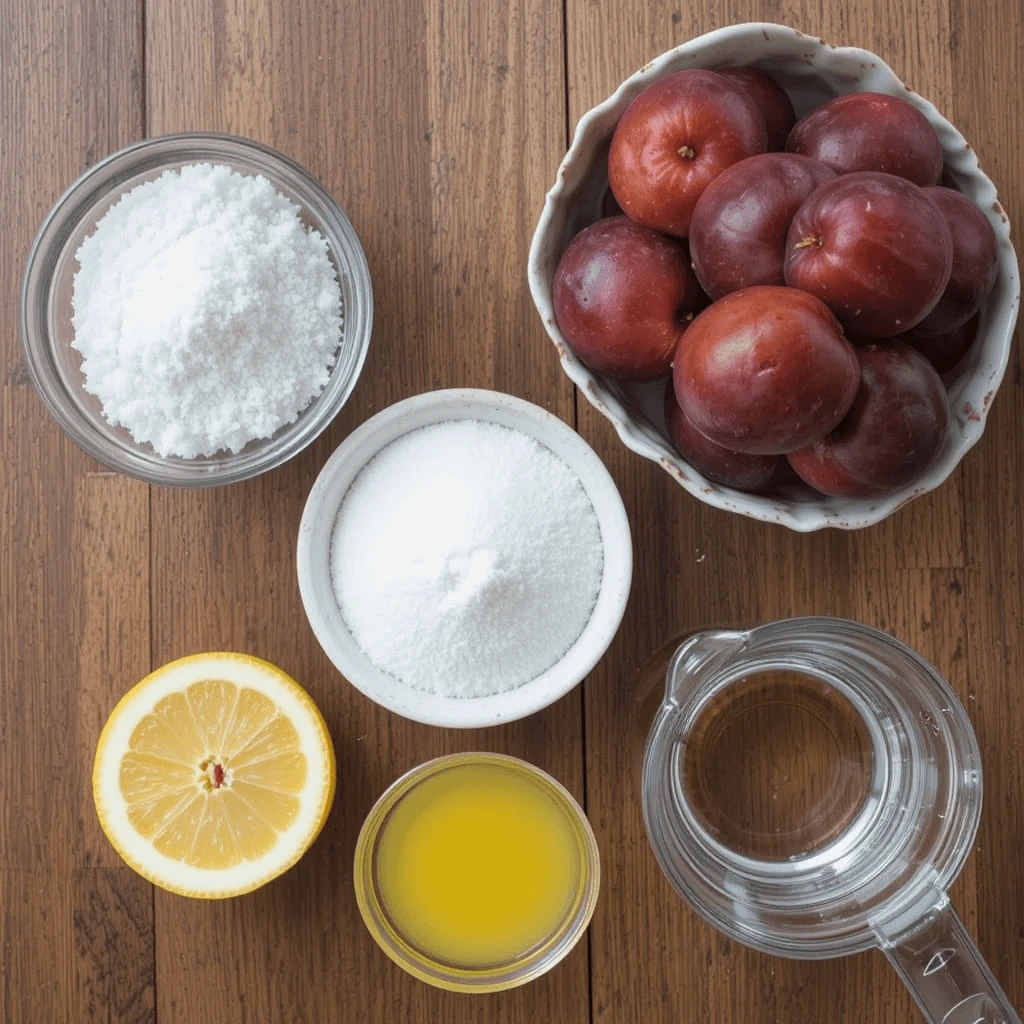 Ingredients for plum jelly arranged on wooden table