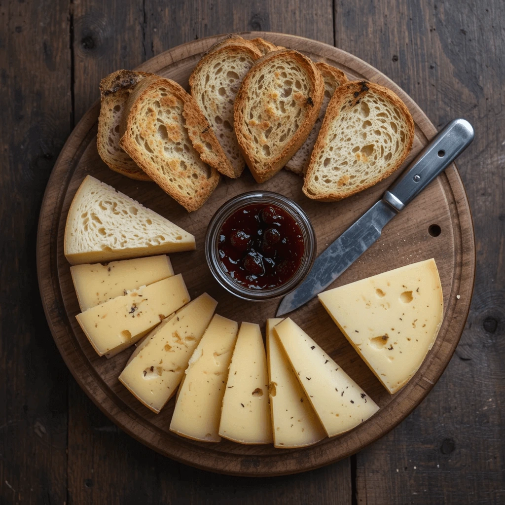 Cheese board with plum jelly and bread
