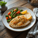 Crispy baked white fish fillet served with lemon wedges and steamed vegetables on a rustic wooden table.