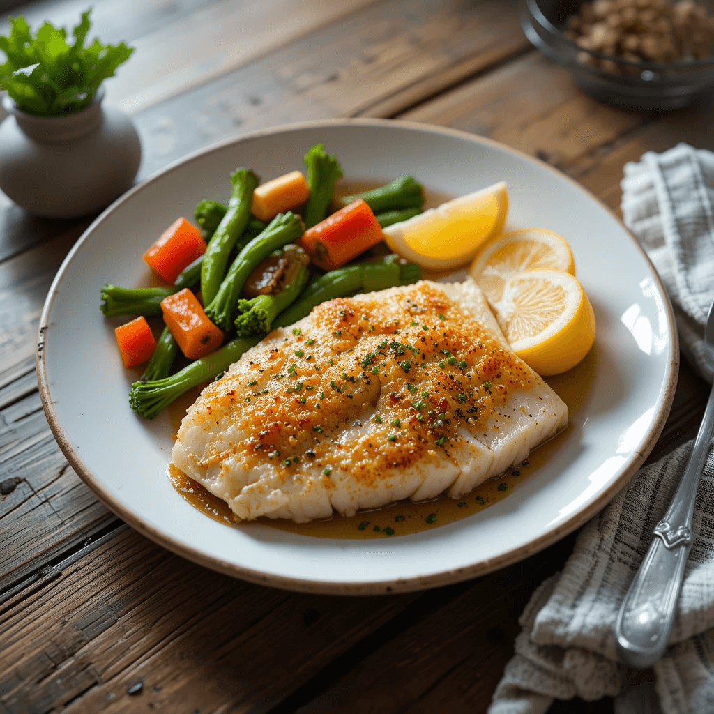 Crispy baked white fish fillet served with lemon wedges and steamed vegetables on a rustic wooden table.