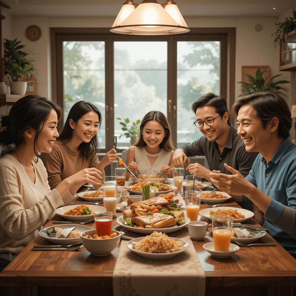 Family enjoying a fish dinner together at a dining table, smiling and happy.