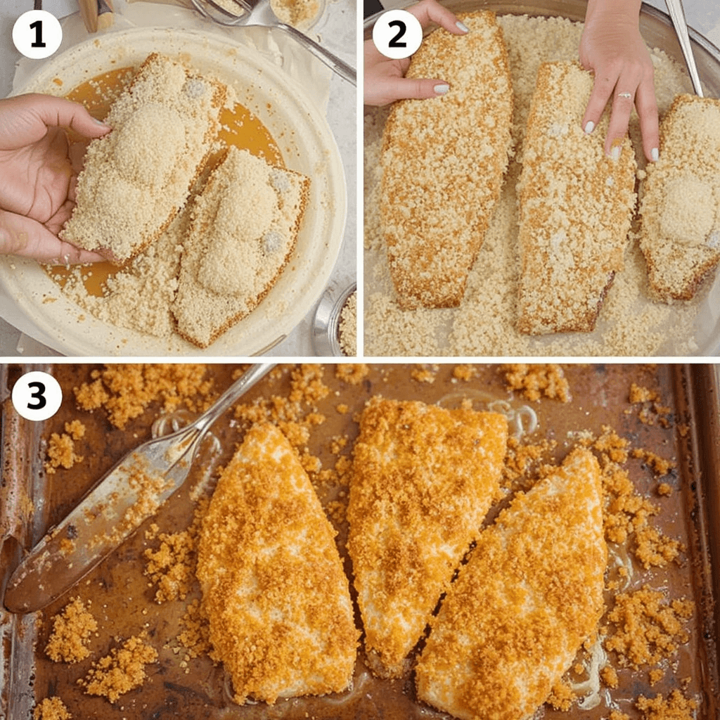 Collage of breading fish fillets, baking in oven, and final golden crispy fish.