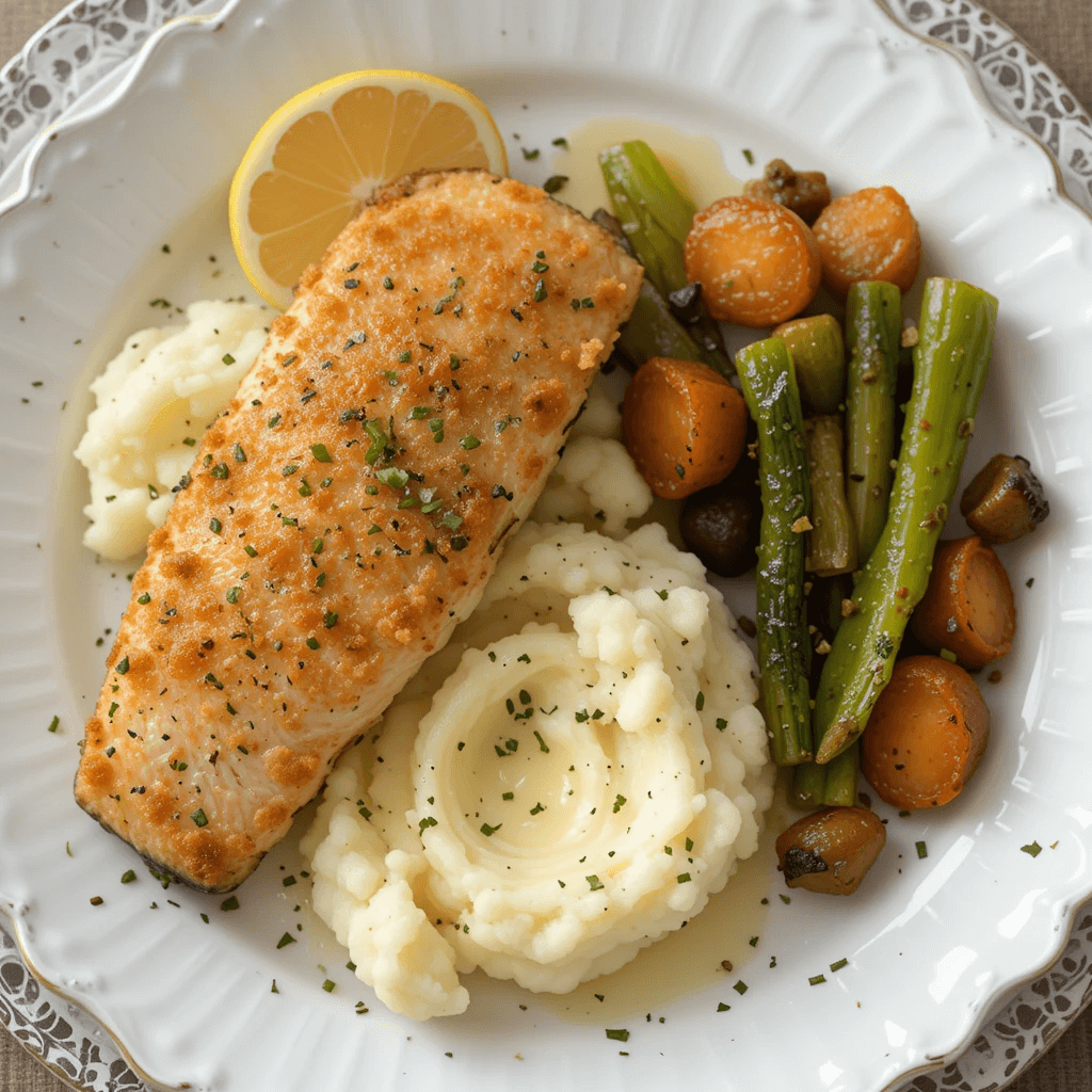 Dinner plate with crispy baked fish, mashed potatoes, steamed vegetables, and lemon wedge.