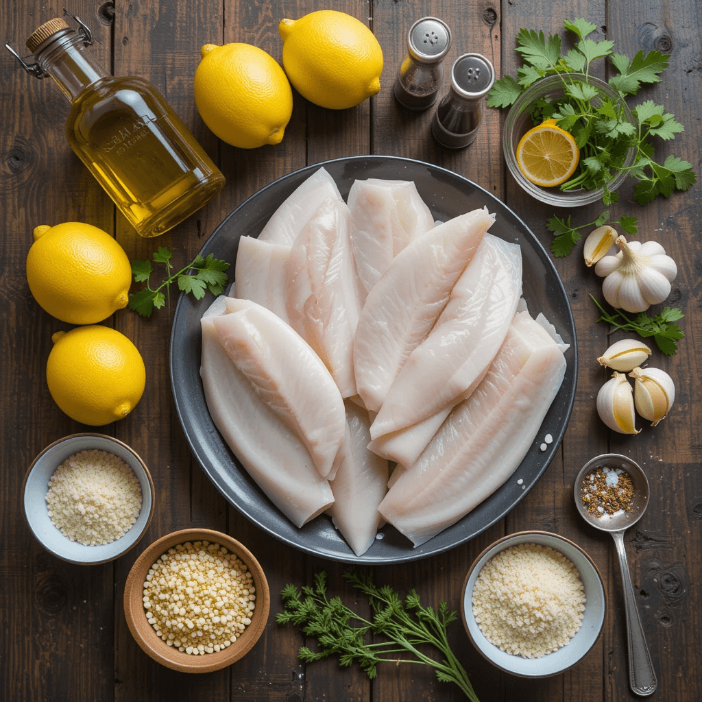 Fresh fish fillets, lemons, olive oil, breadcrumbs, garlic, herbs, and spices arranged on a wooden kitchen table.