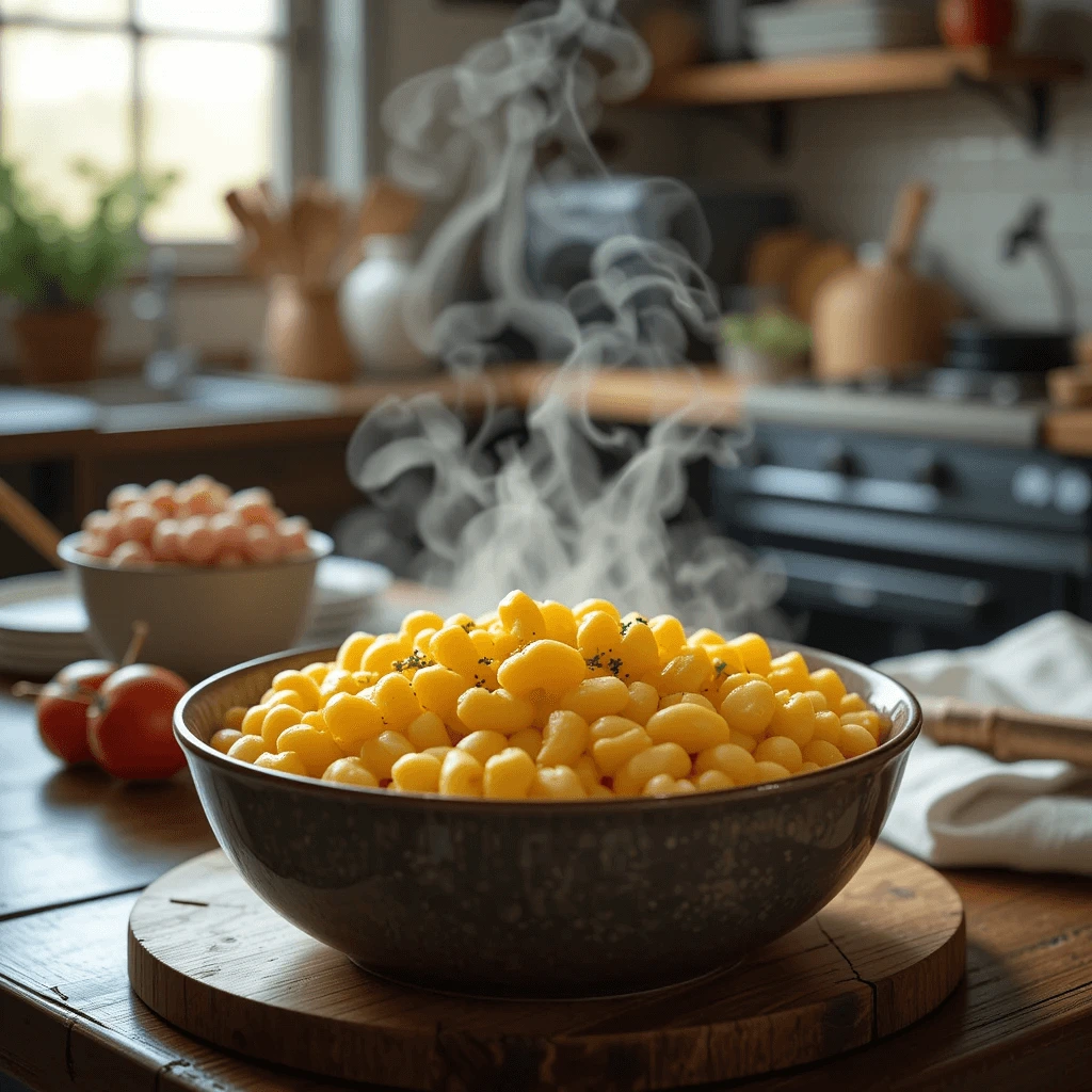 Steaming bowl of creamy homemade mac and cheese in a cozy kitchen