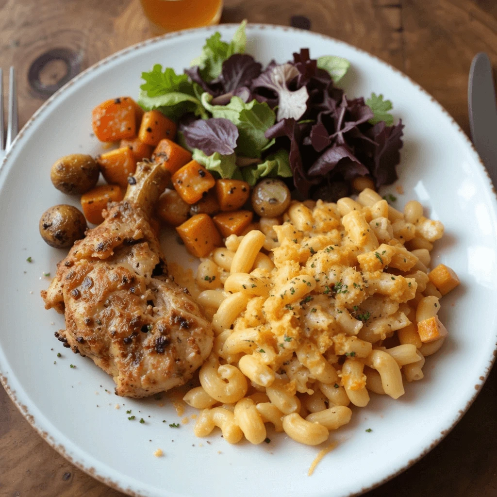 Served mac and cheese with grilled chicken and vegetables.