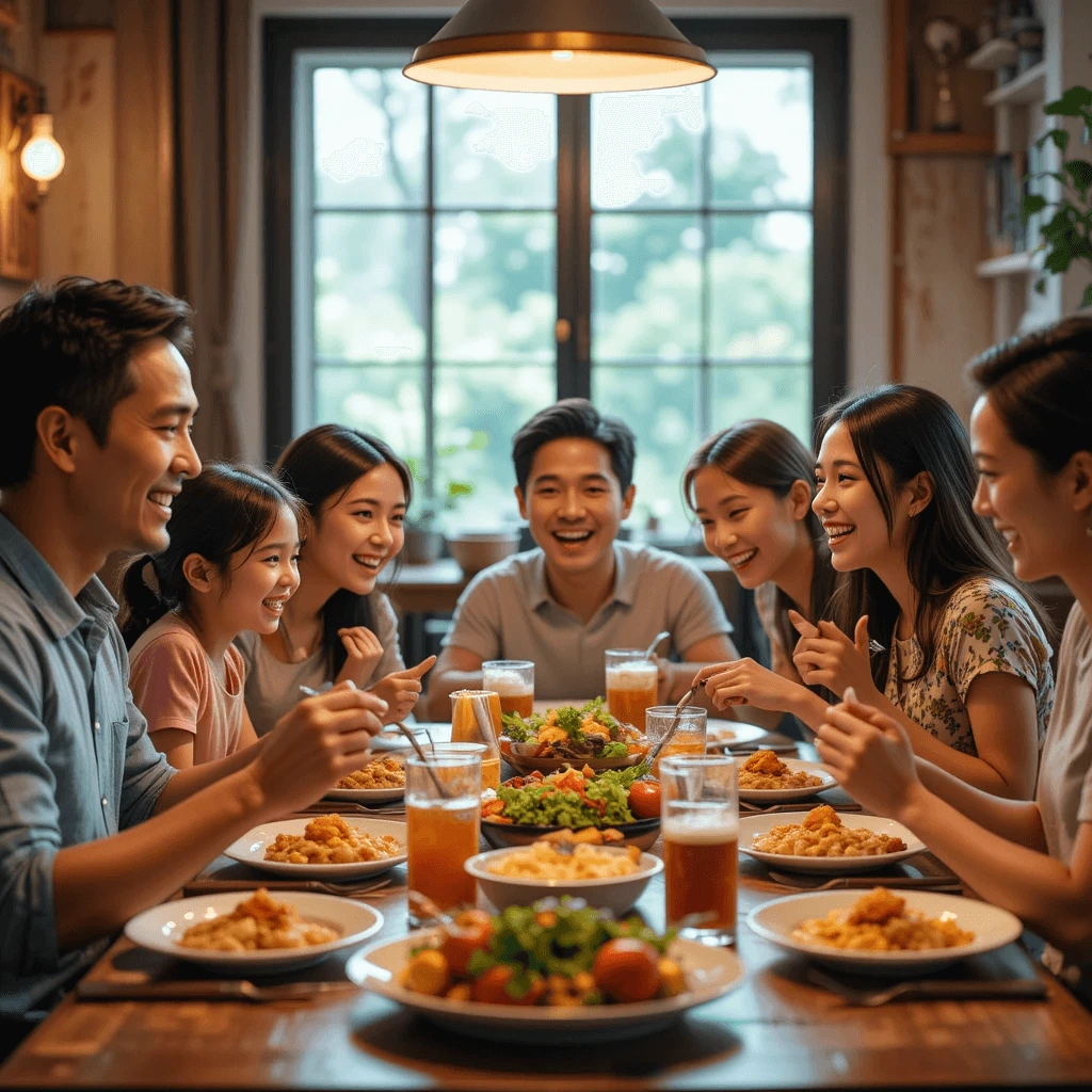 Family enjoying homemade mac and cheese dinner.