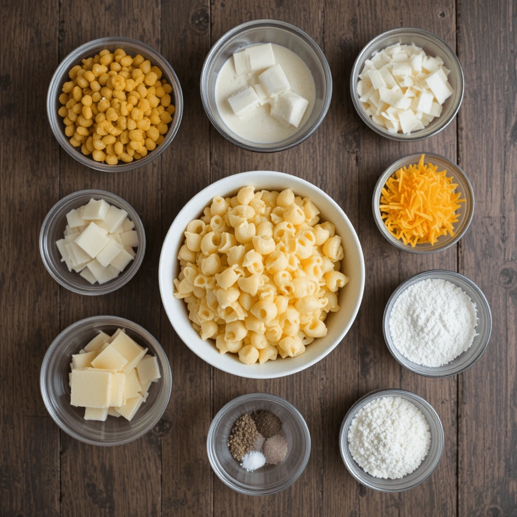 Measured ingredients for Cracker Barrel mac and cheese recipe laid out on wood