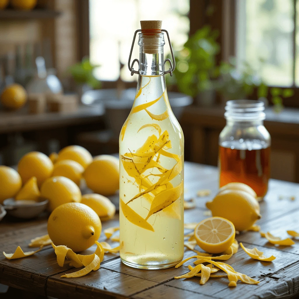 Collage of lemon peeling, lemon peels infusing in alcohol, and simple syrup simmering on stove.