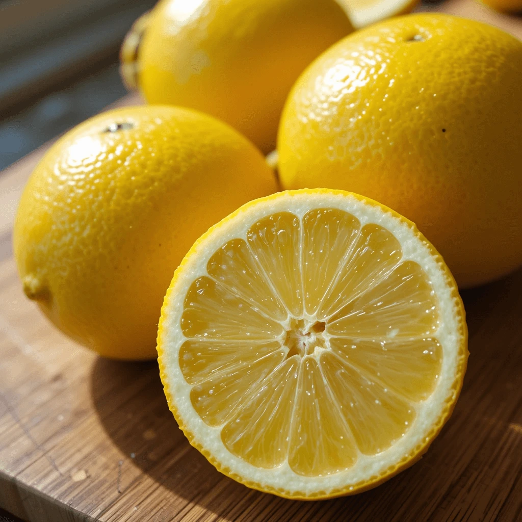 Fresh organic lemons on a wooden board