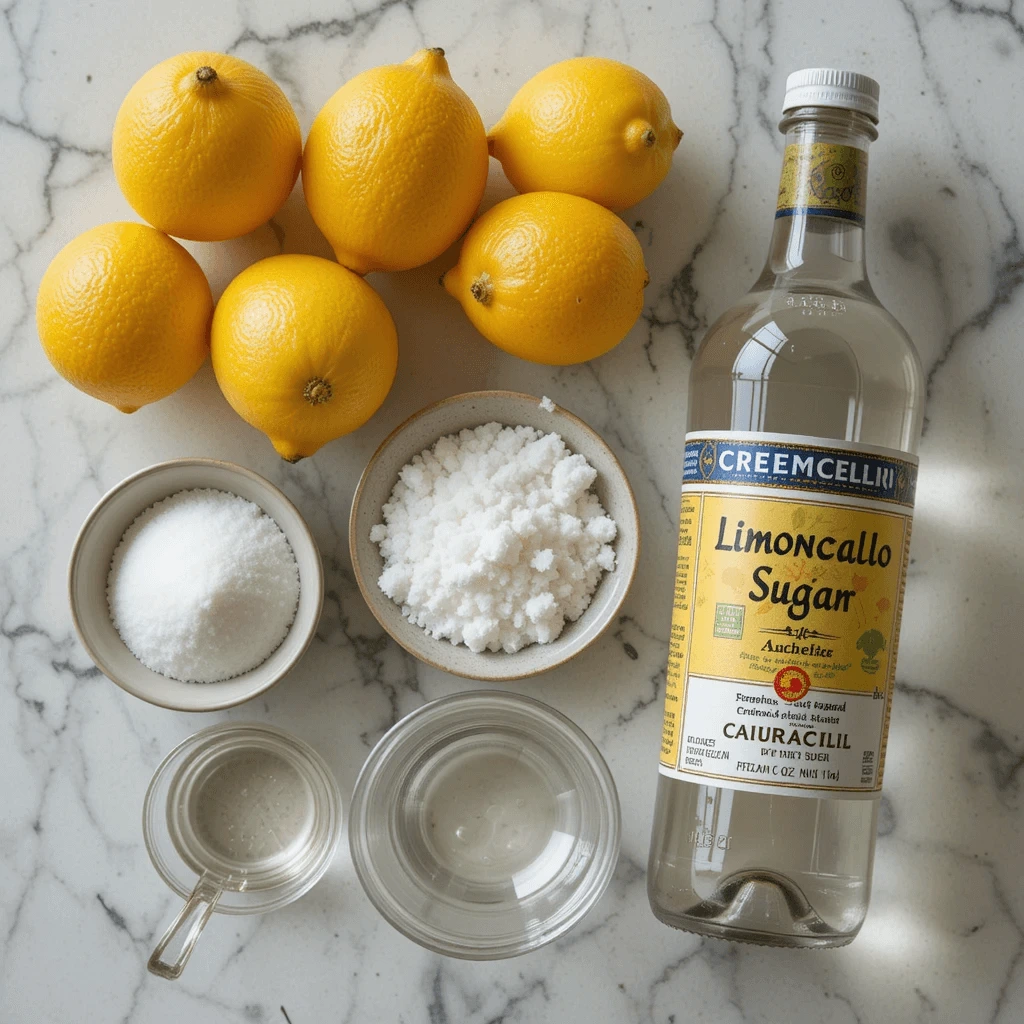 Ingredients for making limoncello on a kitchen counter