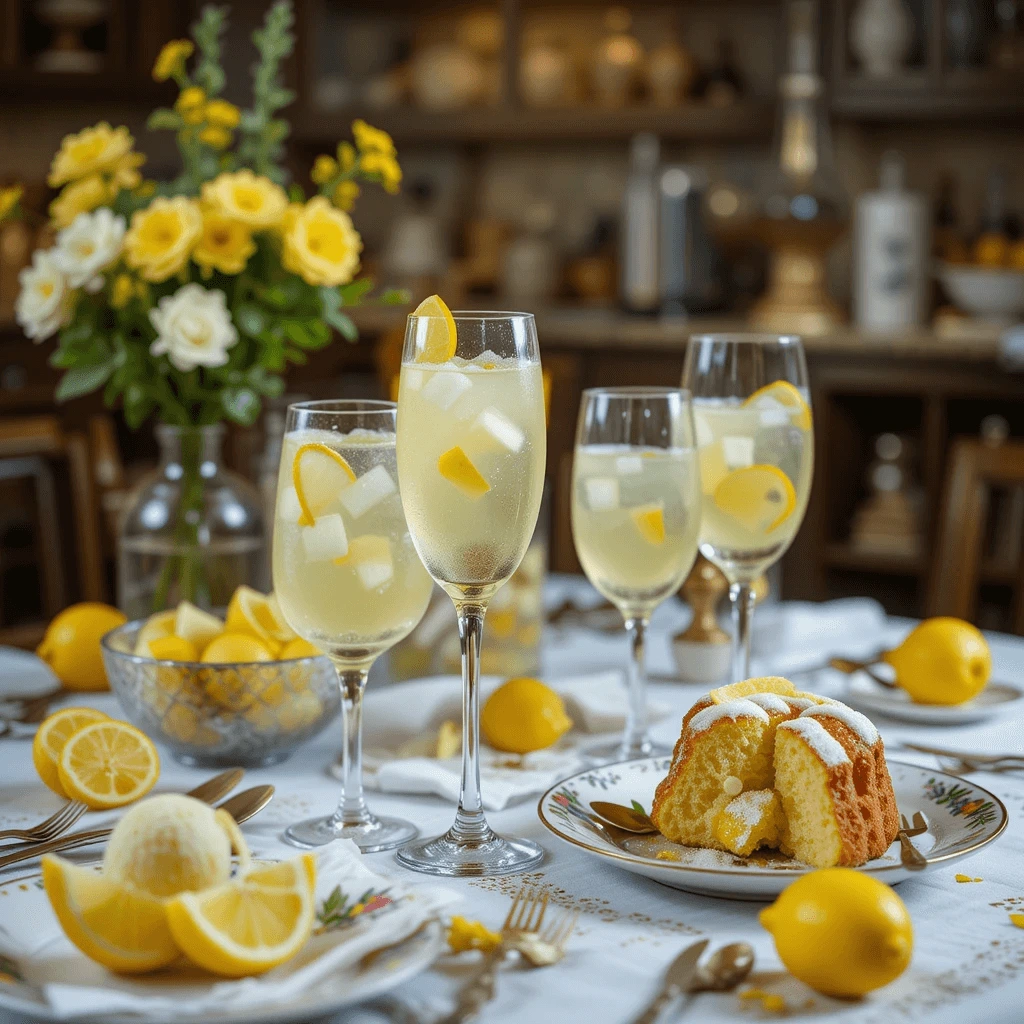 Limoncello served with lemon desserts on a rustic table