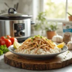 Platter of shredded crockpot chicken over white rice, garnished with parsley and lime wedges, with a steaming crockpot in the background.