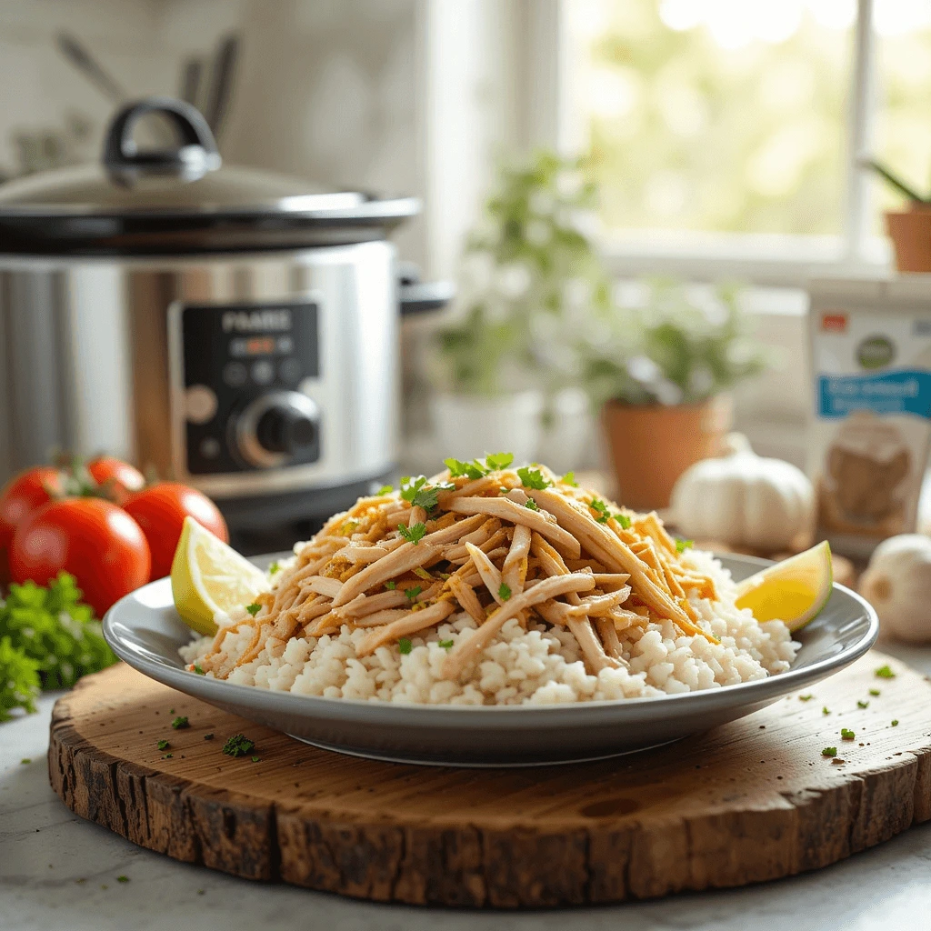 Platter of shredded crockpot chicken over white rice, garnished with parsley and lime wedges, with a steaming crockpot in the background.